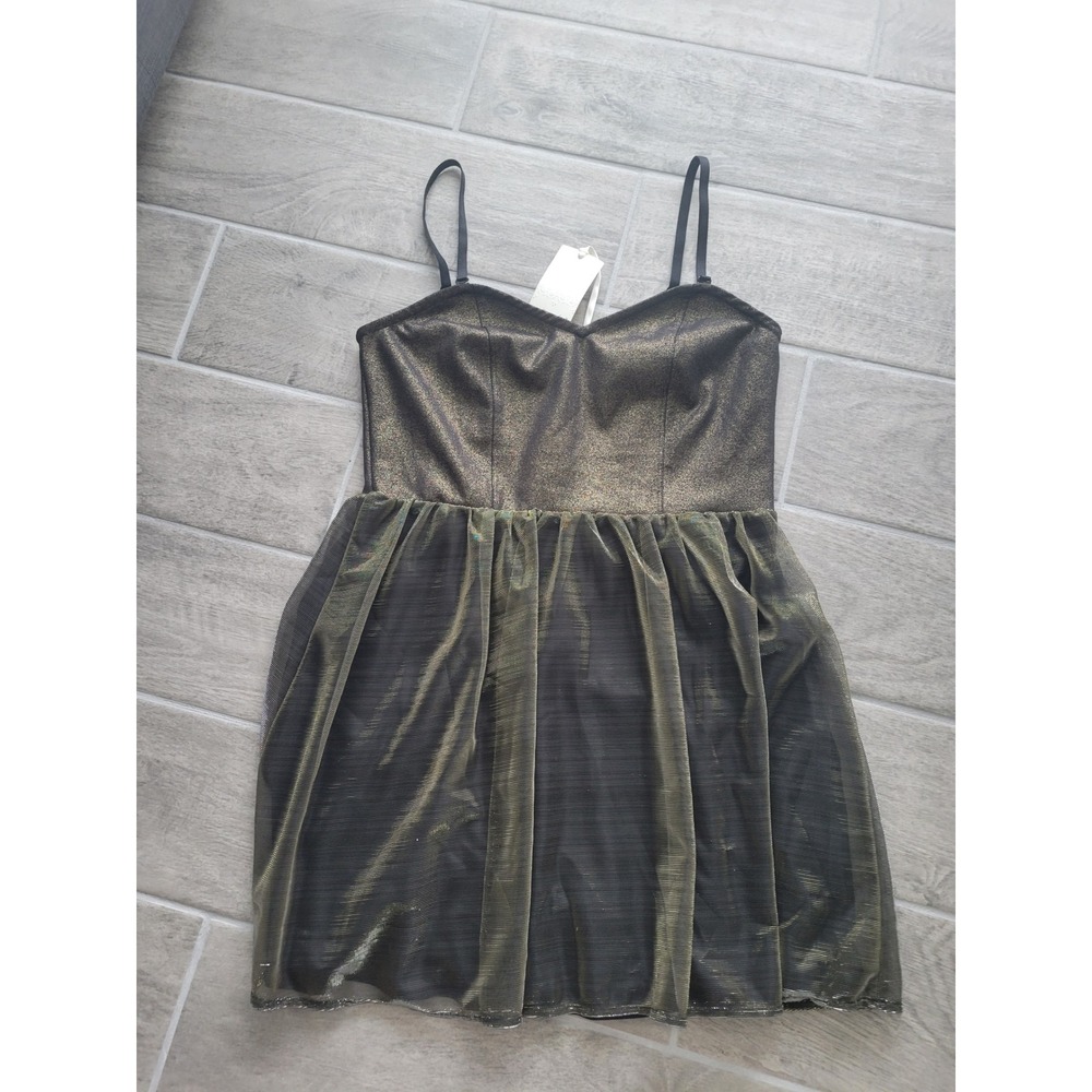 Frenchi Gold Metallic Mesh Mini Dress Sweetheart Neckline Black XL NWT